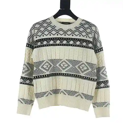 Cha*nel/Chanel Jersey de mujer con cuello redondo en contraste y estampado patchwork jacquard