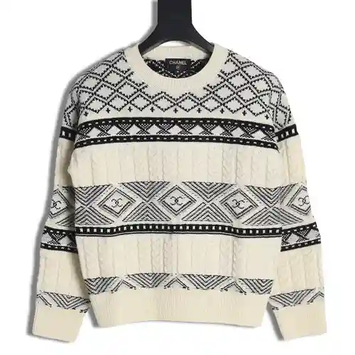 Cha*nel/Chanel 23ss suéter de cuello redondo en contraste con patrón jacquard de empalme clásico par