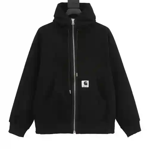 Sacai x Carhartt WIP FW23 Sudadera de patchwork con capucha y abertura con cremallera y logo de Carh