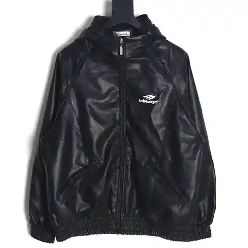 Balenciaga BLCG 23FW chaqueta de cuero con capucha y logo bordado
