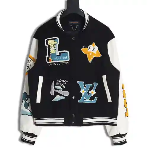 Chaqueta de béisbol con patchwork en mangas de cuero y letras bordadas Simpson LV Louis Vuitton
