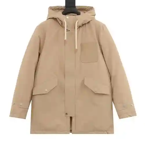 Loe*we / Luo Yiwei 22Fw chaqueta de plumas de largo medio con capucha y etiqueta de cuero