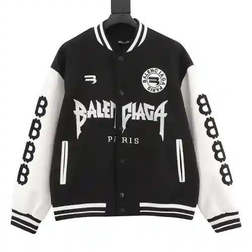 Chaqueta estilo béisbol con patchwork y mangas de cuero con letras bordadas Blcg
