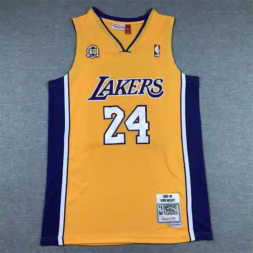 60.º aniversario Lakers 24 Kobe Bryant camiseta de baloncesto amarilla con cuello en V