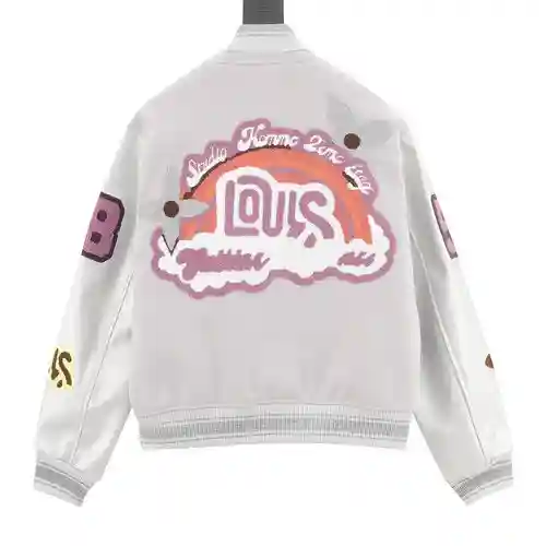 Chaqueta estilo béisbol con patchwork y mangas de cuero con letras bordadas de 1V