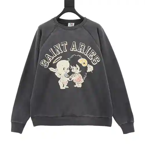 SAINT*MICHAEL 23FW sudadera de ante con estampado de querubines y cuello redondo
