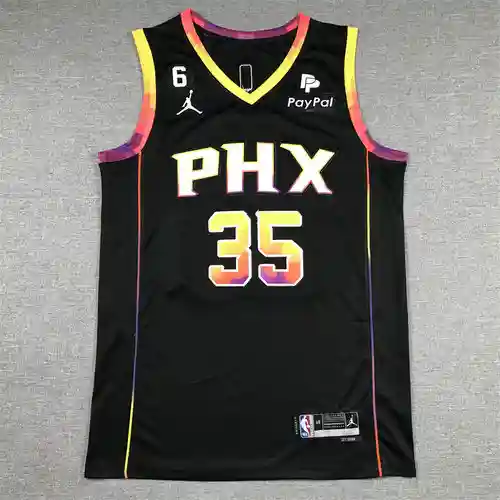 Camiseta de baloncesto negra con anuncio del número 35 de Durant de los Suns con el logo 6