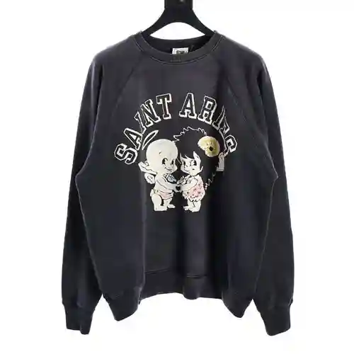 SAINT*MICHAEL 23FW sudadera de ante con estampado de querubines y cuello redondo