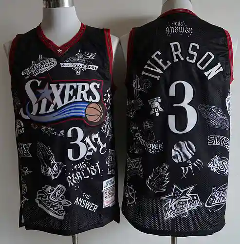Camiseta de baloncesto bordada de malla negra con estampado Allen Iverson n.° 3 de los 76ers