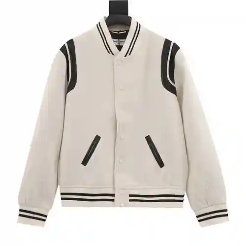 Chaqueta con cuello de béisbol blanca de cuero SLP/Saint Laurent