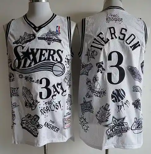 76ers 3 Iverson bordado de malla blanca estampado