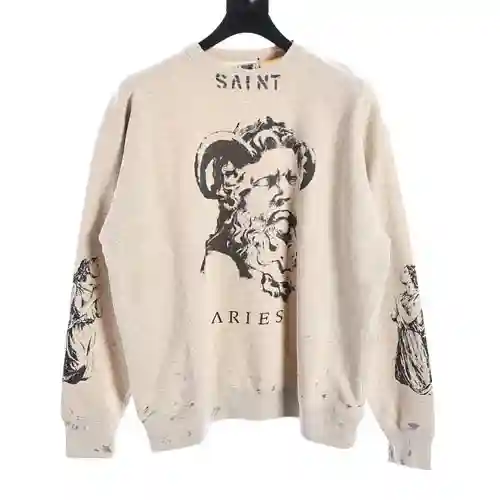 SAINT*MICHAEL 23FW Sudadera con cuello redondo y estampado desgastado con retrato de cabra