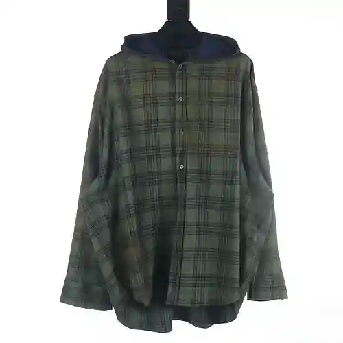 Balenciaga BLCG 23FW chaqueta camisera de franela con capucha a cuadros verdes