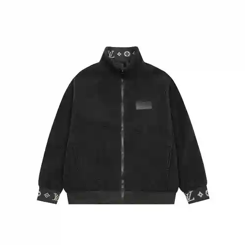 LV/Louis Vuitton 24ss chaqueta holgada de lana de cordero de peluche con cuello alto en negro y gris