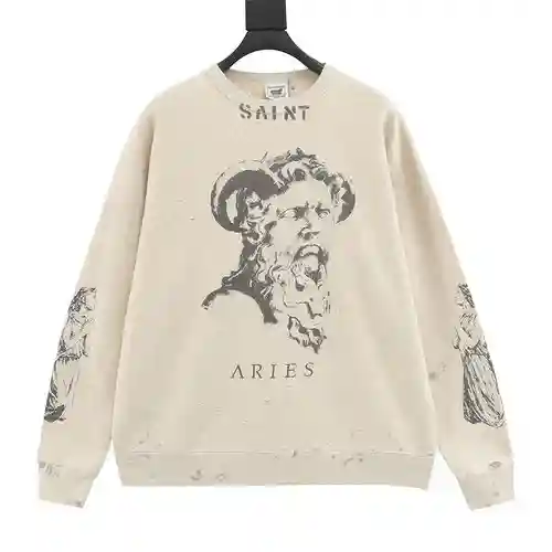 SAINT*MICHAEL 23FW Sudadera con cuello redondo y estampado desgastado con retrato de cabra