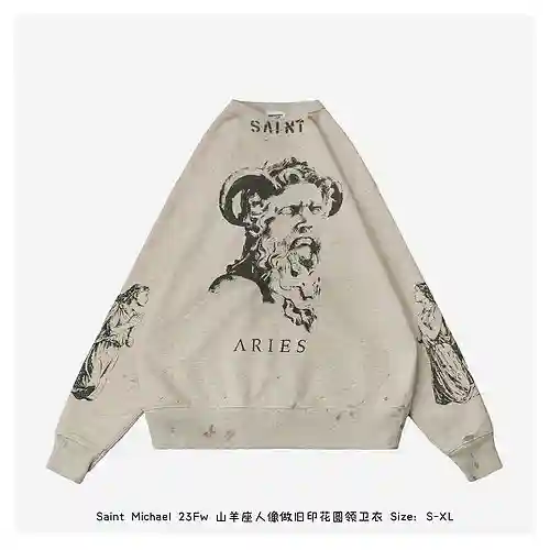 Saint*Michael 23Fw Capricornio Retrato Sudadera con cuello redondo y estampado desgastado