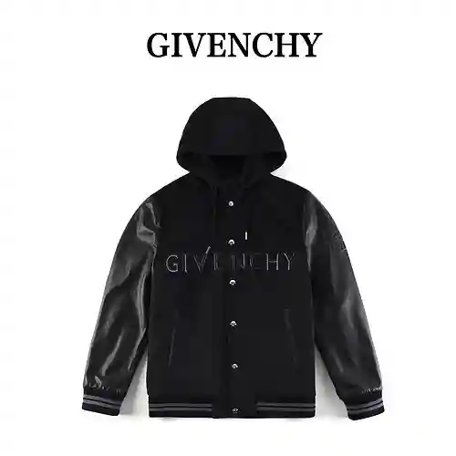 Givenchy 22Fw chaqueta tipo cárdigan con capucha de cuero con parche adornado con elemento de letras