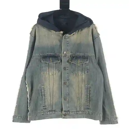 Balenciaga BLCG 23FW Chaqueta vaquera falsa de dos piezas con capucha, desgastada y cosida