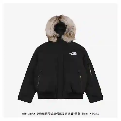 TNF 23Fw Parka de plumas con cuello de piel bordado y capucha - negro