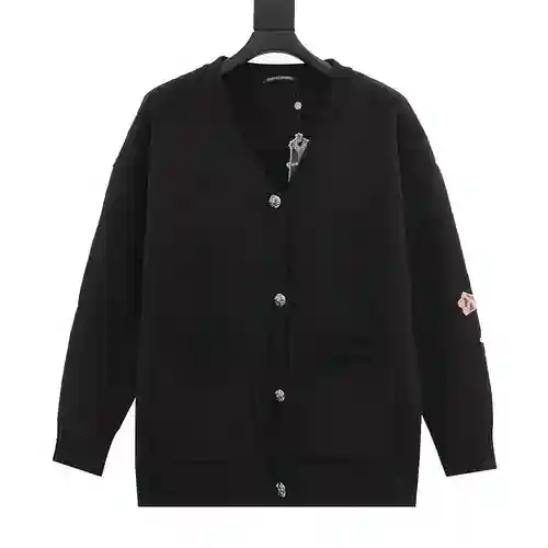 CH 23Fw Chaqueta tipo cárdigan cruzada de cuero con estampado de leopardo y corazón de cuervo