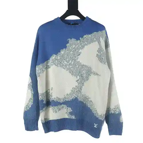 Jersey LV de cuello redondo en jacquard azul cielo y nubes blancas
