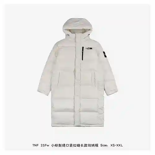 Chaqueta larga de plumas con cremallera y bolsillo bordado con logo pequeño de TNF 23Fw