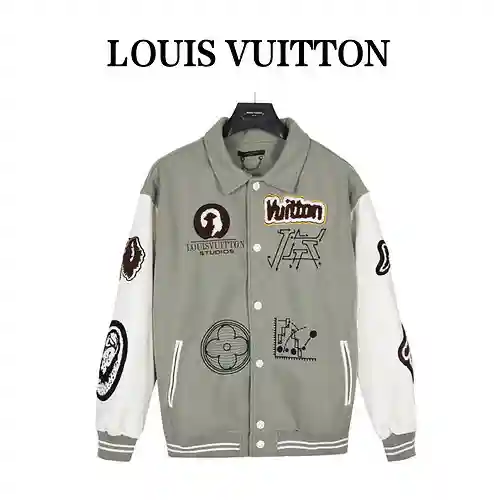Chaqueta estilo béisbol de cuero con múltiples logos LV/Louis Vuitton 23Fw