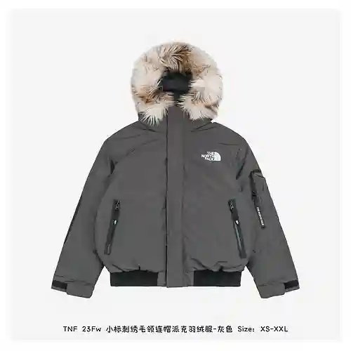 TNF 23Fw Parka de plumas con cuello de piel bordado y capucha - gris