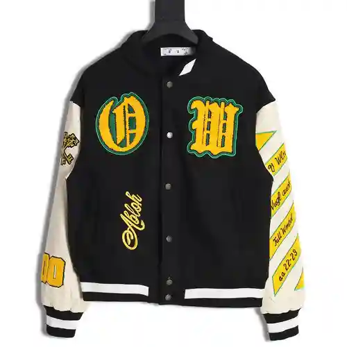Chaqueta de béisbol de algodón grueso con costuras de lana y insignia con varios iconos OW 22FW