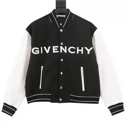Chaqueta estilo béisbol de lana con patchwork y mangas de cuero con letras bordadas clásicas de GVC