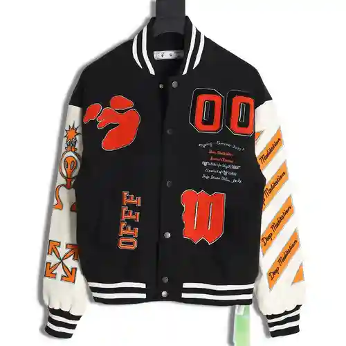OW 22Fw chaqueta de béisbol de algodón grueso con empalme de lana bordado alienígena