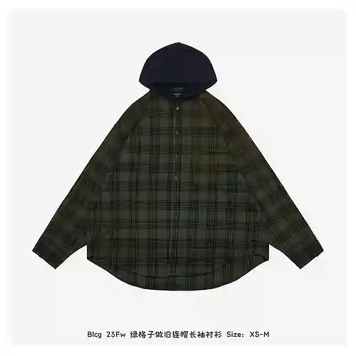 Blcg 23Fw camisa de manga larga con capucha y diseño desgastado a cuadros verdes