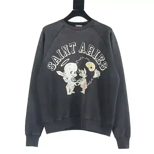 SAINT*MICHAEL SM 23FW sudadera de ante con estampado de querubines y cuello redondo