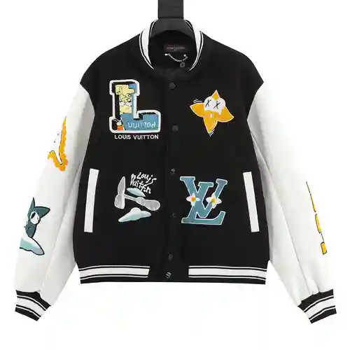 Chaqueta estilo béisbol con patchwork y mangas de cuero con letras bordadas de 1V