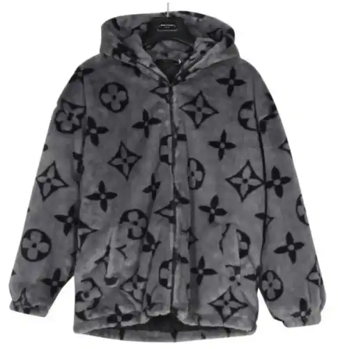 Abrigo con capucha de pelo de conejo LV/Louis Vuitton y logotipo de presbicia estampado