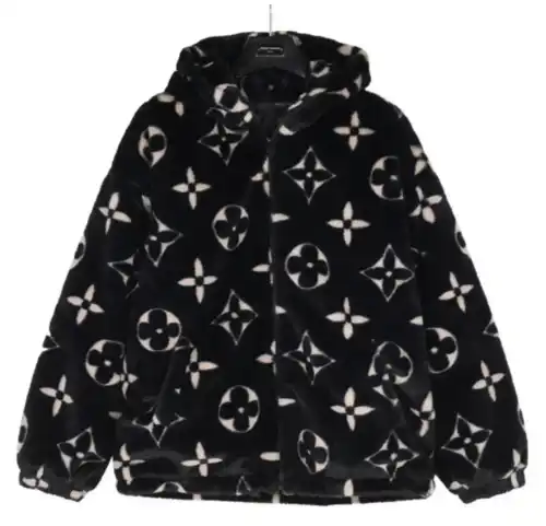 Abrigo con capucha de pelo de conejo LV/Louis Vuitton y logotipo de presbicia estampado