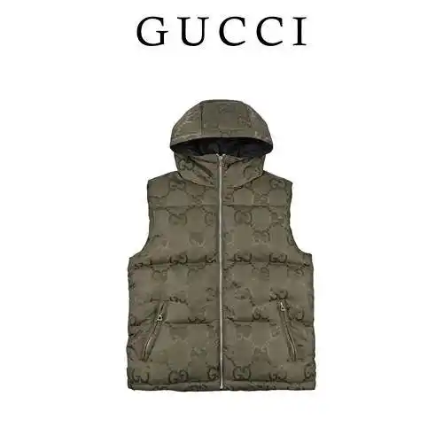 G*cci Gucci 22FW Chaleco de plumas con capucha y lona estampada con doble G y estampado oscuro