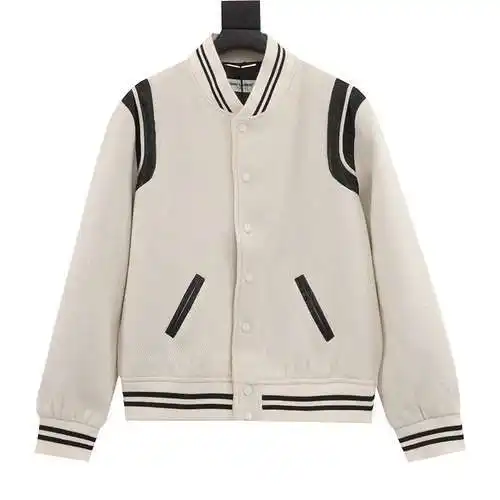 Chaqueta con cuello de béisbol blanca de cuero SLP/Saint Laurent