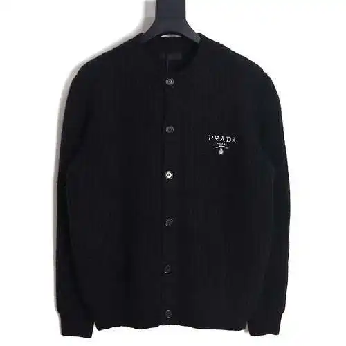 Pra*da 23FW chaqueta tipo cárdigan de lana flameada con logo bordado