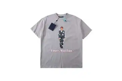 Pasarela del personaje LV, camiseta de manga corta con cuello redondo, logo en la espalda, teñido pe