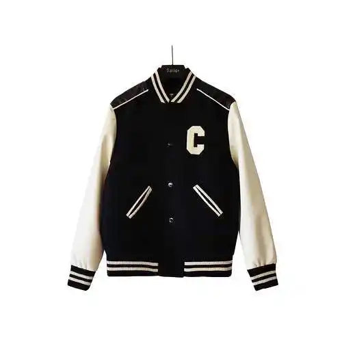 CE/Céline -23FW Chaqueta de béisbol con mangas de cuero bordada con toalla Big C