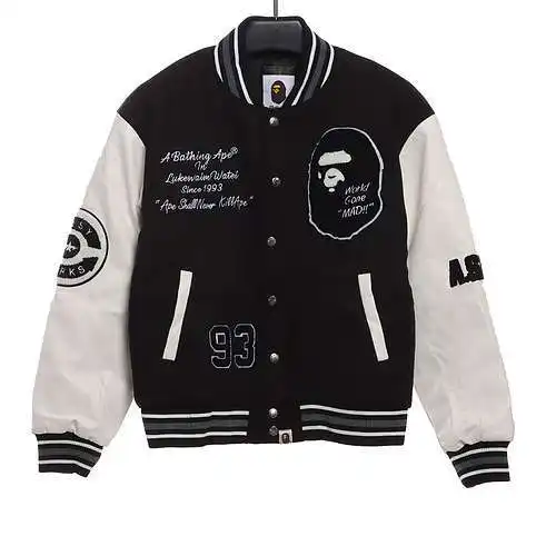 Chaqueta de béisbol con bordado de toalla y cabeza de simio BA*PE