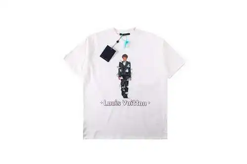 Pasarela del personaje LV, camiseta de manga corta con cuello redondo, logo en la espalda, teñido pe