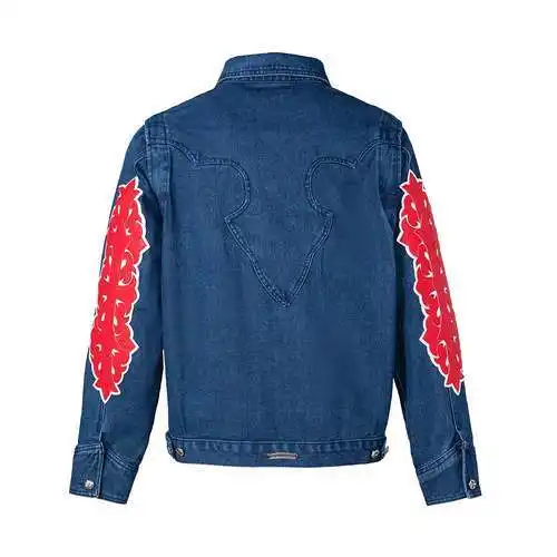 Chaqueta vaquera de cuero con brazos de llama roja de edición limitada CH Crow Heart