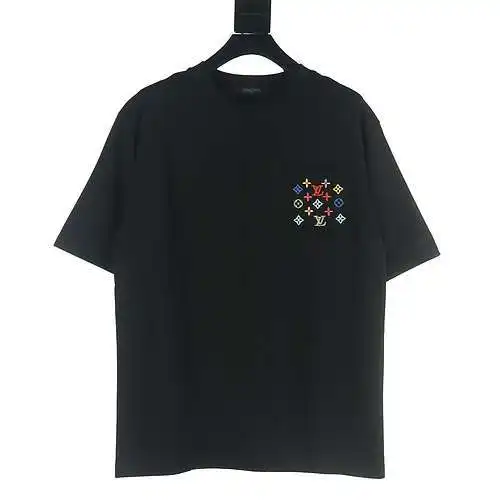 Camiseta de manga corta con bordado de colores para presbicia colorida con bolsillo LV