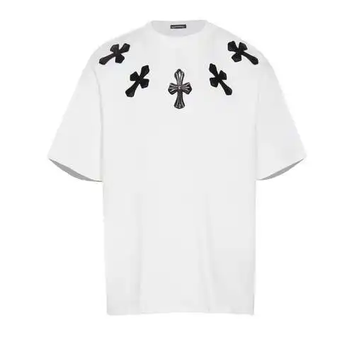 High Version CH Croix Heart Cross Pastel Silver Decoration Embroidered Short Sleeves