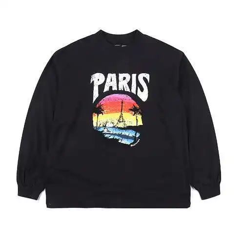 Balenciaga BLCG 24SS beach painting night scene printed long-sleeved T-shirt