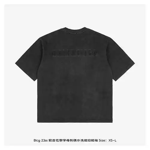Blcg 23ss Paris lettering embroidered front and back washed distressed short sleeves