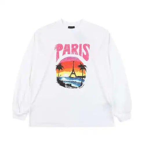 Balenciaga BLCG 24SS beach painting night scene printed long-sleeved T-shirt
