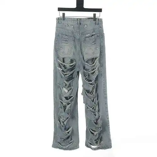 Balenciaga BLCG 24SS ripped wide-leg denim trousers with holes